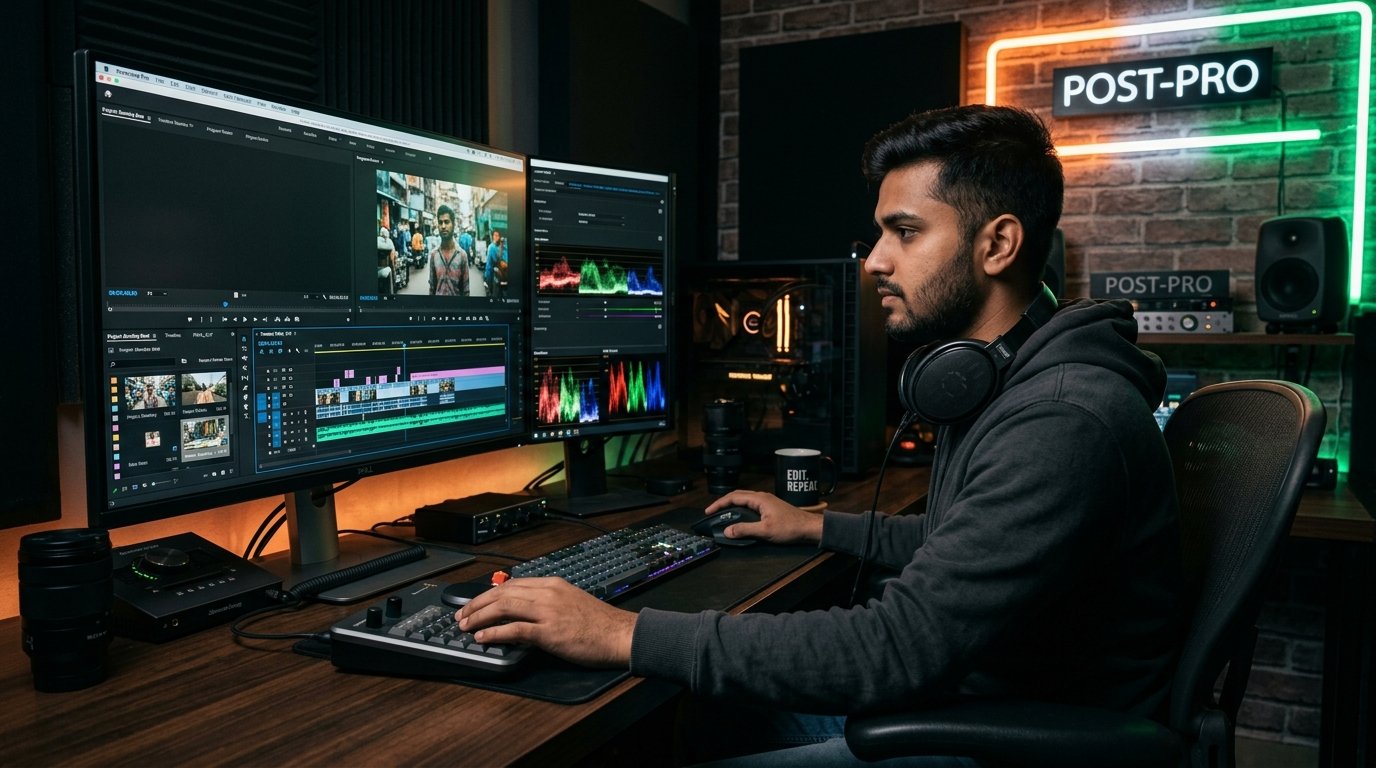 Young Indian video editor editing on Premiere Pro 2026 in a professional workspace